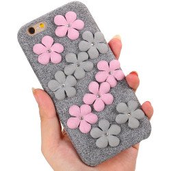 iPhone 7 Plus Jewel Flower Fuzzy Plush Case (Gray)